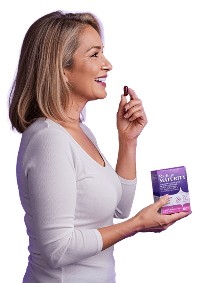 Mulher 40+ tomando a cápsula de Radiant Maturity.